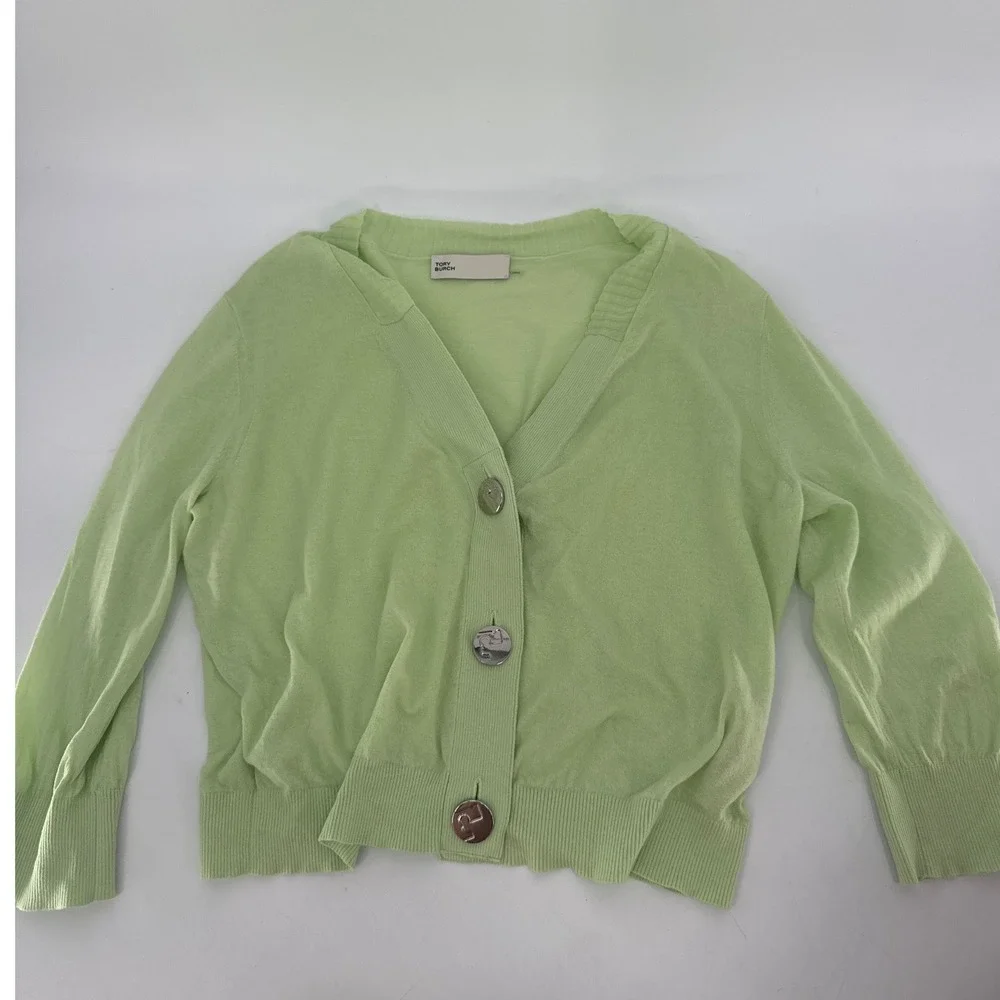 Tory Burch Cardigan Women M Lime Green Cotton Logo Button Cropped Sweater